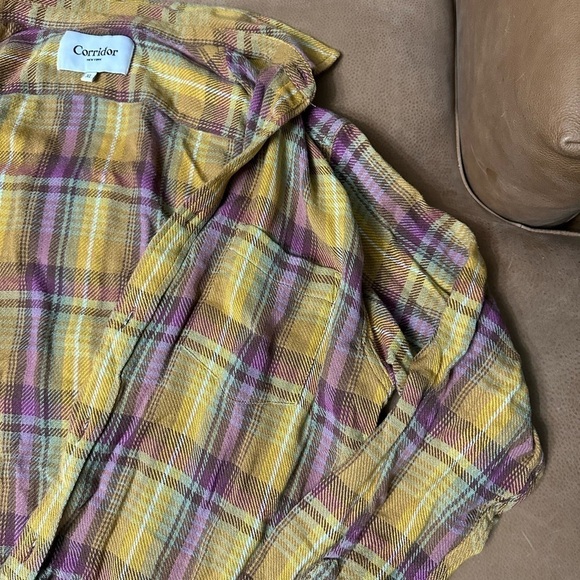 Men's Yellow and Purple Plaid Casual Button Down Shirt - Picture 3 of 11